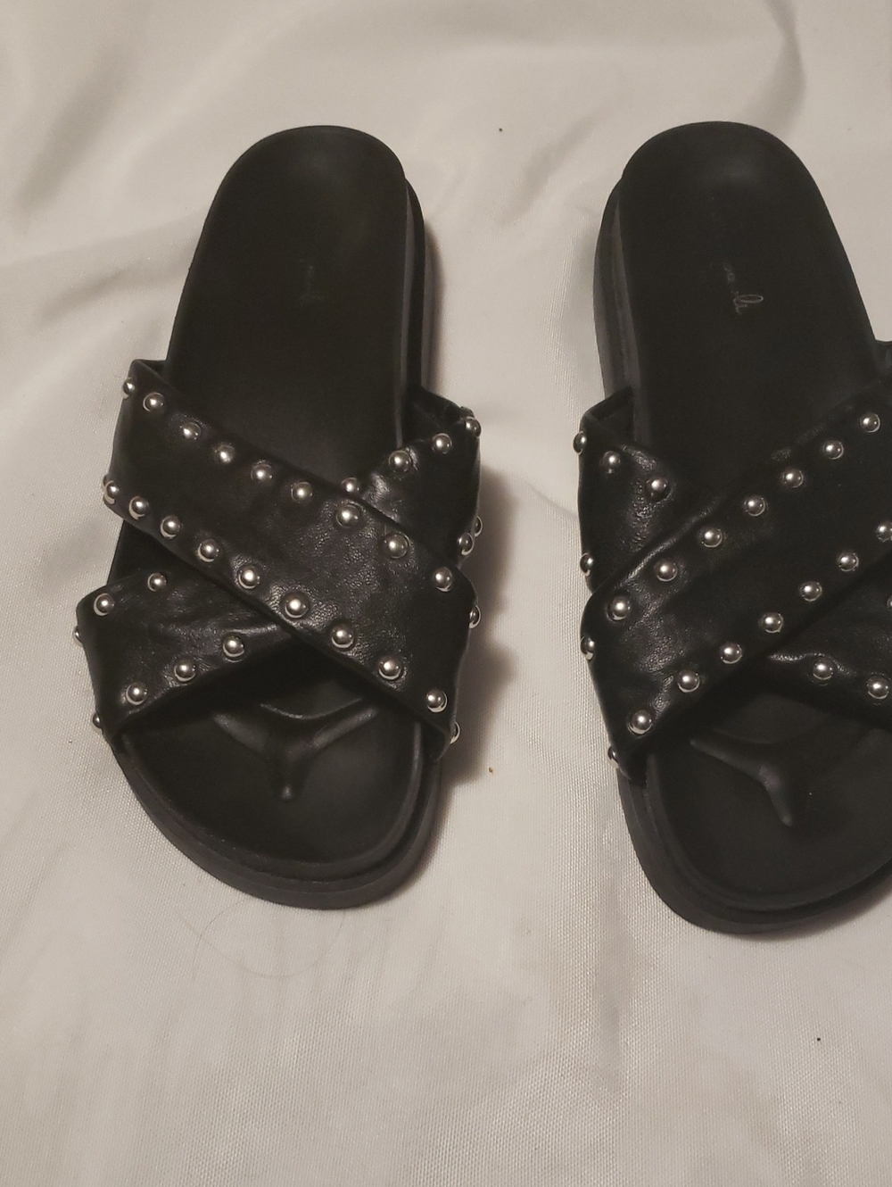 Black Studded Crisscross Slide Sandals - Women